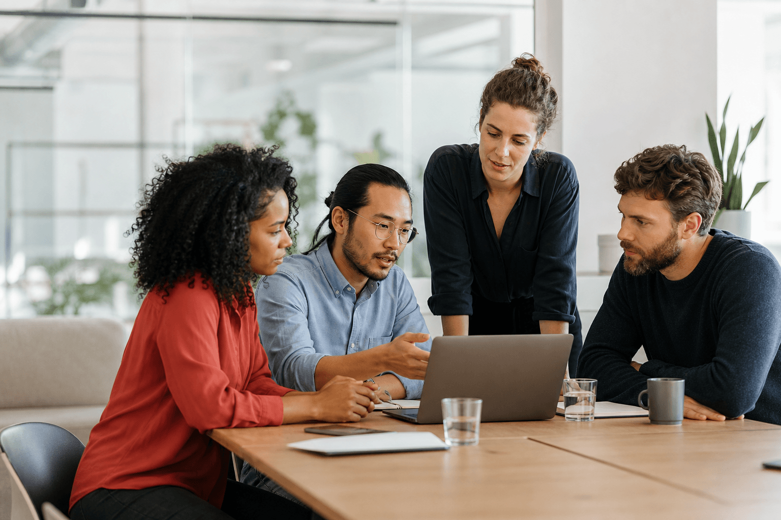 Un equipo colaborando frente a un computador portátil